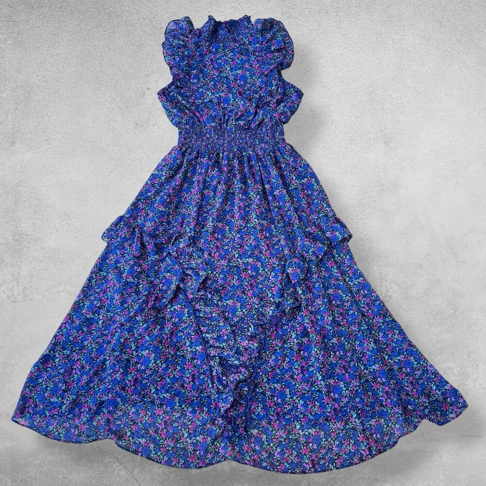 Lulus Womens Midi Prairie Dress S Blue Floral Chiffon Ruffle Boho Cottagecore